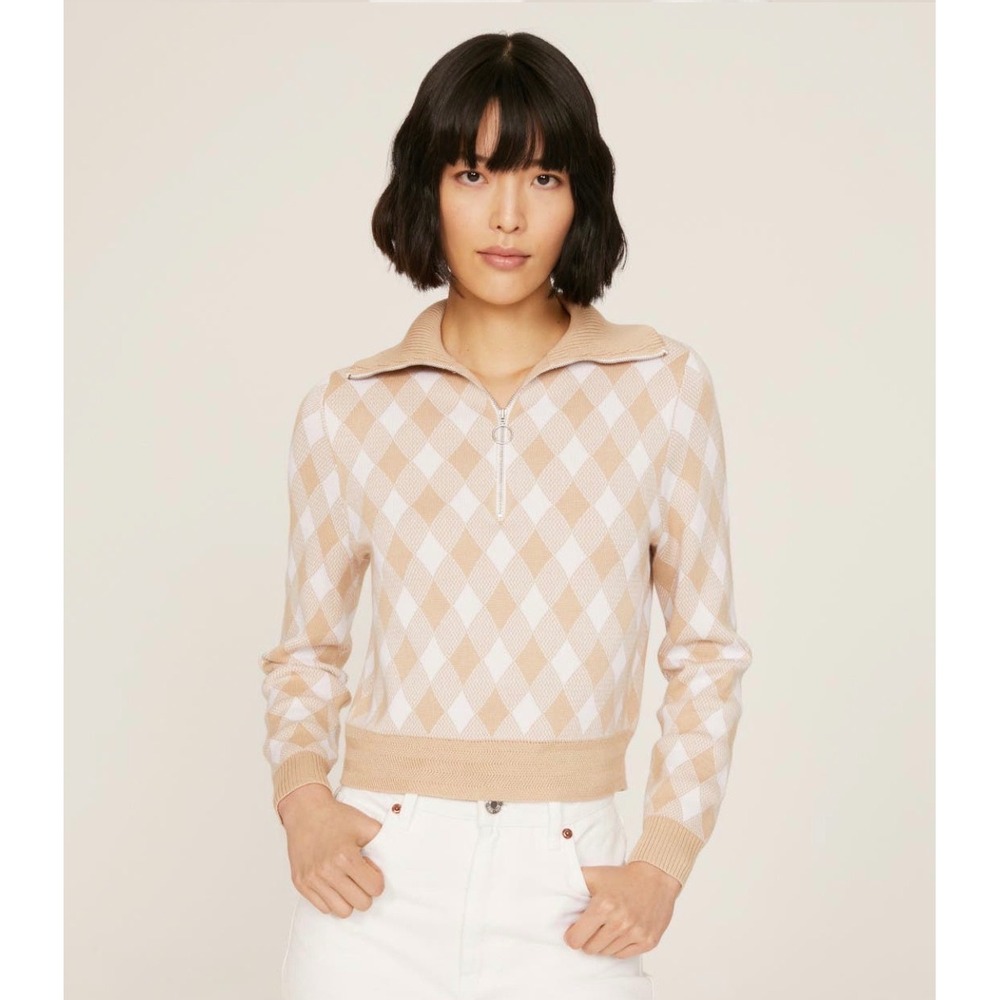 SAYLOR Tosh Cropped Sweater argyle diamond half zip pullover M